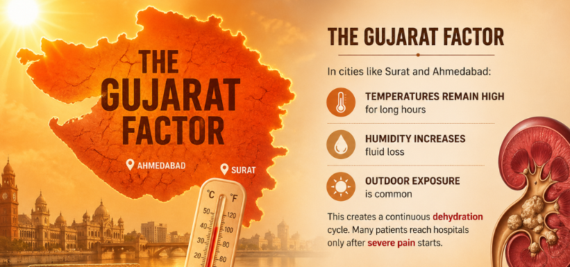 Gujarat summer kidney stone risk, Kidney stones in Gujarat heat, Ahmedabad summer dehydration and kidney stones, Surat heat and kidney stone problems, Extreme heat causes kidney stones, Dehydration and kidney stone risk in summer, Why kidney stones increase in Gujarat summer, Summer heat and kidney stone prevention, Best kidney stone hospital in Gujarat, Best kidney stone treatment in Ahmedabad, Advanced kidney stone treatment in Surat, Kidney stone specialist in Gujarat, Expert urology care for kidney stones, Dhameliya Kidney Hospital kidney stone treatment, Dhameliya Kidney Hospital Gujarat, Best urology hospital for kidney stones, Summer dehydration and urology health, Prevent kidney stones during hot weather, Gujarat heatwave and kidney health, Kidney stone awareness in summer season, High temperature and kidney stone formation, Stay hydrated prevent kidney stones, Severe kidney stone pain treatment Gujarat, Trusted kidney stone hospital in Ahmedabad, Leading kidney stone surgery hospital Gujarat, Kidney stone laser treatment Gujarat, Advanced urology and kidney stone care, Gujarat factor in kidney stone formation, Heat stroke dehydration and kidney health, Protect kidneys during Gujarat summer.