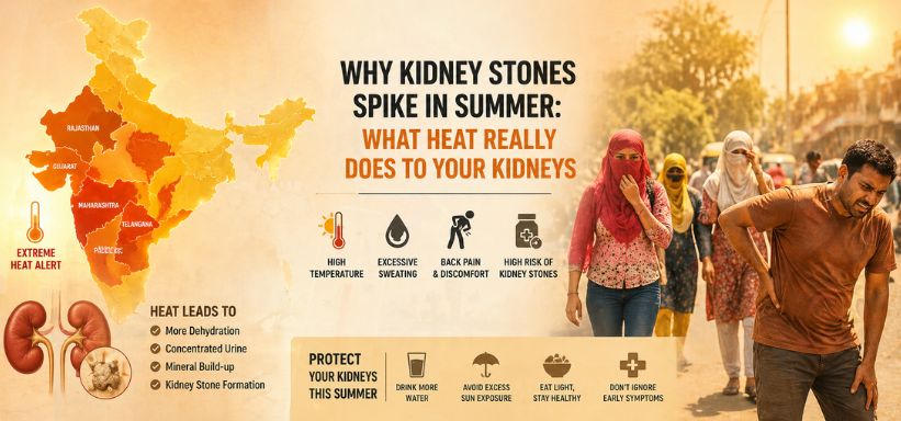 Why kidney stones spike in summer, Summer kidney stone risk India, Heat and kidney stones India, Kidney stones in hot weather, Gujarat summer kidney stone risk, Ahmedabad heat and kidney stones, Summer dehydration kidney stones, Extreme heat kidney stone formation, High temperature kidney stone causes, Kidney stone cases increase in summer, India heatwave kidney health, Kidney stones due to dehydration, Summer heat and kidney pain, Back pain due to kidney stones in summer, Kidney stone prevention during summer, Best kidney stone hospital in Gujarat, Best kidney stone treatment in Ahmedabad, Advanced kidney stone treatment Gujarat, Kidney stone specialist Ahmedabad, Expert urology care for kidney stones, Dhameliya Kidney Hospital kidney stone treatment, Dhameliya Kidney Hospital Ahmedabad, Best urology hospital in Gujarat, Trusted kidney stone hospital Ahmedabad, Leading kidney stone surgery hospital Gujarat, Kidney stone laser treatment Ahmedabad, Advanced urology and kidney stone care, Summer dehydration and urology health, Protect kidneys during Gujarat summer, Kidney stone awareness in summer India.