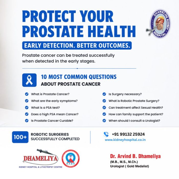 best prostate cancer treatment in Surat, prostate cancer specialist Surat, best urologist in Surat, robotic prostate surgery Surat, PSA test Surat, prostate enlargement treatment Surat, robotic urology surgery India, prostate cancer symptoms, prostate cancer diagnosis, laser prostate surgery Surat, prostate health checkup Surat, prostate surgery hospital Gujarat, urinary problems treatment Surat, prostate cancer hospital in Surat, Dhameliya Kidney Hospital & Lithotripsy Centre Surat, prostate treatment India, minimally invasive prostate surgery, robotic surgery for prostate cancer, advanced urology hospital Surat, prostate screening test Surat