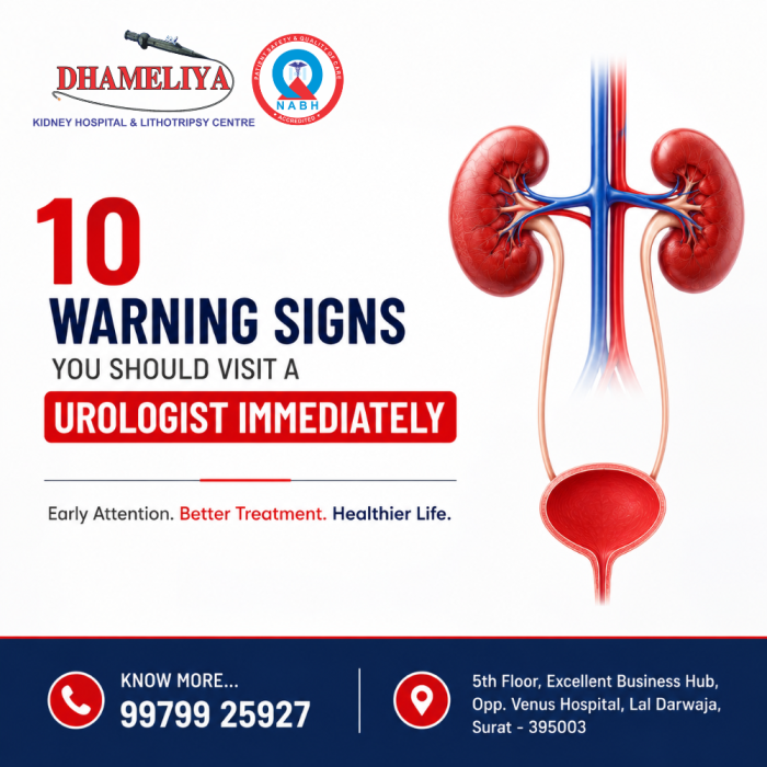 warning signs to visit a urologist What are the warning signs that you should see a urologist? When should I visit a urologist for urinary problems? Can blood in urine be a sign of kidney disease? How do I know if I have a kidney stone? What symptoms should never be ignored in urology? When should men get checked for prostate problems? Is frequent urination a sign of a serious condition? Which doctor treats kidney stones and urinary infections? Can burning urination indicate a kidney problem? What are the early signs of bladder disease? urologist, urology, kidney doctor, urinary problems, kidney health, bladder health, prostate health, blood in urine, kidney stone, UTI symptoms, urinary infection, prostate enlargement, urology treatment, men's health, kidney disease 10 warning signs you should visit a urologist immediately, when to see a urologist, symptoms that require a urologist, blood in urine causes, kidney stone warning signs, frequent urination in men, burning urination treatment, best urologist for kidney stones, signs of prostate problems, early symptoms of kidney disease, bladder infection symptoms, urinary tract health tips, kidney pain symptoms, male urinary health problems, urology consultation guide best urologist in Surat, kidney hospital in Surat, kidney stone treatment in Surat, urology hospital in Surat, urinary problem specialist Surat, prostate treatment Surat, Dhameliya Kidney Hospital & Lithotripsy Centre, laser kidney stone surgery Surat, RIRS surgery Surat, PCNL treatment Surat, HoLEP surgery Surat, ThuLEP surgery Surat, robotic urology Surat, urologist near Lal Darwaja Surat, Gujarat kidney specialist best urologist in India, kidney stone treatment India, urology hospital India, laser kidney stone surgery India, prostate surgery India, robotic urology India, urinary tract specialist India, kidney specialist doctor India, advanced urology treatment India, kidney stone removal India, urinary infection treatment India, men's health specialist India best urologist, kidney stone specialist, urinary tract specialist, signs you need a urologist, kidney stone treatment without surgery, laser kidney stone surgery, robotic urology, prostate enlargement treatment, blood in urine evaluation, urinary health expert, bladder health specialist, kidney disease symptoms, advanced urology care, minimally invasive urology surgery, kidney and bladder specialist