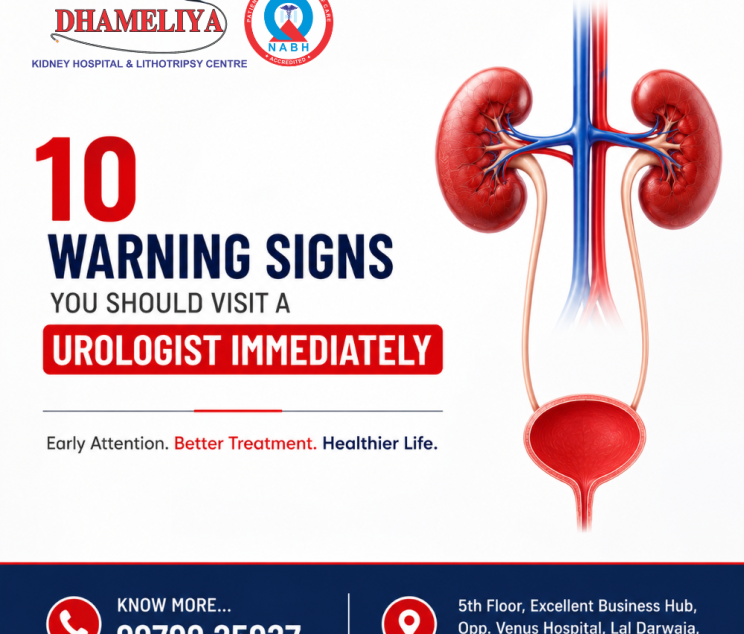 warning signs to visit a urologist What are the warning signs that you should see a urologist? When should I visit a urologist for urinary problems? Can blood in urine be a sign of kidney disease? How do I know if I have a kidney stone? What symptoms should never be ignored in urology? When should men get checked for prostate problems? Is frequent urination a sign of a serious condition? Which doctor treats kidney stones and urinary infections? Can burning urination indicate a kidney problem? What are the early signs of bladder disease? urologist, urology, kidney doctor, urinary problems, kidney health, bladder health, prostate health, blood in urine, kidney stone, UTI symptoms, urinary infection, prostate enlargement, urology treatment, men's health, kidney disease 10 warning signs you should visit a urologist immediately, when to see a urologist, symptoms that require a urologist, blood in urine causes, kidney stone warning signs, frequent urination in men, burning urination treatment, best urologist for kidney stones, signs of prostate problems, early symptoms of kidney disease, bladder infection symptoms, urinary tract health tips, kidney pain symptoms, male urinary health problems, urology consultation guide best urologist in Surat, kidney hospital in Surat, kidney stone treatment in Surat, urology hospital in Surat, urinary problem specialist Surat, prostate treatment Surat, Dhameliya Kidney Hospital & Lithotripsy Centre, laser kidney stone surgery Surat, RIRS surgery Surat, PCNL treatment Surat, HoLEP surgery Surat, ThuLEP surgery Surat, robotic urology Surat, urologist near Lal Darwaja Surat, Gujarat kidney specialist best urologist in India, kidney stone treatment India, urology hospital India, laser kidney stone surgery India, prostate surgery India, robotic urology India, urinary tract specialist India, kidney specialist doctor India, advanced urology treatment India, kidney stone removal India, urinary infection treatment India, men's health specialist India best urologist, kidney stone specialist, urinary tract specialist, signs you need a urologist, kidney stone treatment without surgery, laser kidney stone surgery, robotic urology, prostate enlargement treatment, blood in urine evaluation, urinary health expert, bladder health specialist, kidney disease symptoms, advanced urology care, minimally invasive urology surgery, kidney and bladder specialist