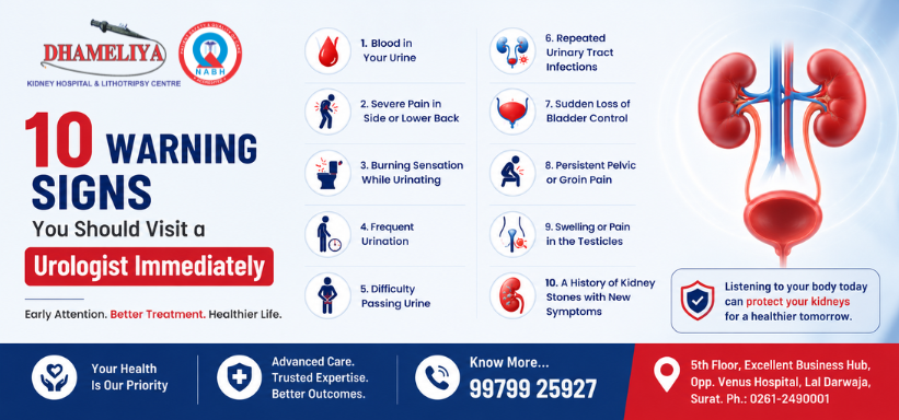 warning signs to visit a urologist What are the warning signs that you should see a urologist? When should I visit a urologist for urinary problems? Can blood in urine be a sign of kidney disease? How do I know if I have a kidney stone? What symptoms should never be ignored in urology? When should men get checked for prostate problems? Is frequent urination a sign of a serious condition? Which doctor treats kidney stones and urinary infections? Can burning urination indicate a kidney problem? What are the early signs of bladder disease? urologist, urology, kidney doctor, urinary problems, kidney health, bladder health, prostate health, blood in urine, kidney stone, UTI symptoms, urinary infection, prostate enlargement, urology treatment, men's health, kidney disease 10 warning signs you should visit a urologist immediately, when to see a urologist, symptoms that require a urologist, blood in urine causes, kidney stone warning signs, frequent urination in men, burning urination treatment, best urologist for kidney stones, signs of prostate problems, early symptoms of kidney disease, bladder infection symptoms, urinary tract health tips, kidney pain symptoms, male urinary health problems, urology consultation guide best urologist in Surat, kidney hospital in Surat, kidney stone treatment in Surat, urology hospital in Surat, urinary problem specialist Surat, prostate treatment Surat, Dhameliya Kidney Hospital & Lithotripsy Centre, laser kidney stone surgery Surat, RIRS surgery Surat, PCNL treatment Surat, HoLEP surgery Surat, ThuLEP surgery Surat, robotic urology Surat, urologist near Lal Darwaja Surat, Gujarat kidney specialist best urologist in India, kidney stone treatment India, urology hospital India, laser kidney stone surgery India, prostate surgery India, robotic urology India, urinary tract specialist India, kidney specialist doctor India, advanced urology treatment India, kidney stone removal India, urinary infection treatment India, men's health specialist India best urologist, kidney stone specialist, urinary tract specialist, signs you need a urologist, kidney stone treatment without surgery, laser kidney stone surgery, robotic urology, prostate enlargement treatment, blood in urine evaluation, urinary health expert, bladder health specialist, kidney disease symptoms, advanced urology care, minimally invasive urology surgery, kidney and bladder specialist